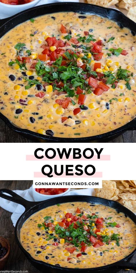 *NEW* Get ready to tip your hat to this fully loaded Cowboy Queso. A mix of creamy cheesy deliciousness and pops of fresh flavor, this queso eats like a meal. #cheesedip #partdip Cowboy Queso Dip, Cowboy Queso, Queso Dip Recipes, Crock Pot Dips, Queso Recipe, Queso Dip, Dip Recipes Easy, Yummy Dips, Party Food Appetizers