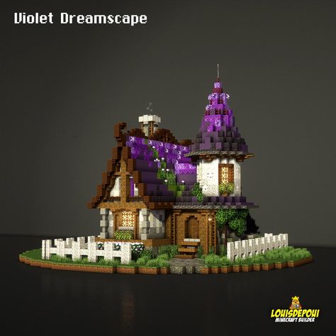 Cute Witchy Minecraft Houses, Minecraft Building Ideas Mystical, Cute Witch Hut Minecraft, Black And Purple Minecraft Builds, Small Witch House Minecraft, Mystic Minecraft Builds, Amethyst Roof Minecraft, Minecraft Building Ideas Purple, Wizard Minecraft Builds