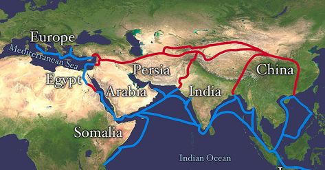 This map indicates trading routes used around the 1st century CE centred on the Silk Road. The routes remain largely valid for the period 500 BCE to 500 CE. Silk Road Map, Empire Ottoman, Genghis Khan, Silk Route, India Map, History Of India, Silk Road, Ancient China, Central Asia