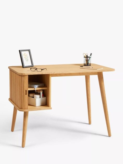 Scandi Office Desk, Scandi Office, Slatted Door, City Bedroom, Desk Oak, Office Wood, Study Ideas, Functional Desk, Office Furniture Design