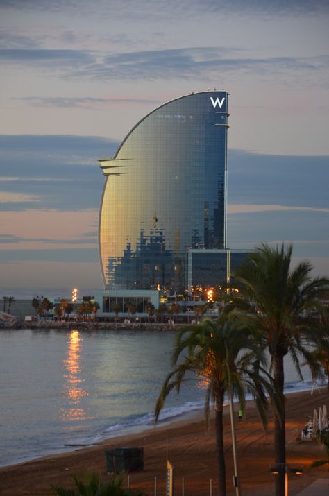 The W hotel in the morning light.  Barceloneta, Barcelona W Hotel Barcelona, Brunch Barcelona, W Barcelona, Barcelona Hotel, Barcelona Aesthetic, Hotel Barcelona, Barcelona Architecture, Spain Aesthetic, Hawaii Wall Art