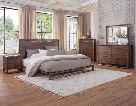 Lofton 4-Piece King Set Brown Wood Bedroom, Live Edge Headboard, Mirror Nightstand, Platform Bedroom Sets, Wood Bedroom Sets, Bed Dresser, King Platform Bed, Queen Platform Bed, King Bedroom Sets