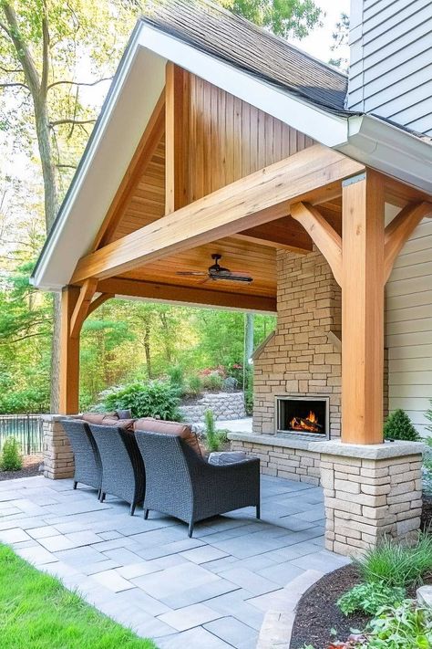 50+ Creative Covered Patio Ideas Attached to House with Fireplace Gable Covered Patio, House With Fireplace, Covered Pergola Patio, Covered Patio Ideas, Backyard Covered Patios, Covered Pergola, Green With Envy, Cozy Ambiance, Pergola Patio