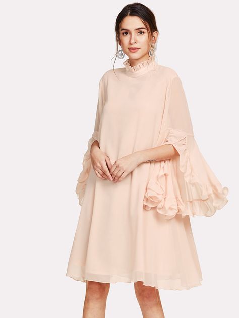 Frilly Dress, Stand Collar Dress, Pastel Fashion, Frill Sleeves, Dresses Pink, Sleeve Dresses, Maxi Dresses Casual, Knee Length Dresses, Flowy Dress