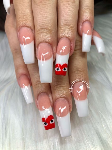 CDG Acrylic Nails Bape Heart Nails, Cdg Nails Acrylic, Cdg Heart Nails, Cdg Nails, Comme Des Garcons Nails, Acrylic Nails Pretty, Nails Acrylic Summer, Nails Short Square, Summer Acrylic