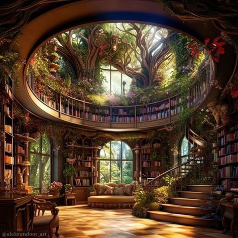 Fantasy Art House Interior, Dream Nature House, Fantasy House Interior Design, Fantasy Homes Art, Fantasy Dream House, Interior Design Fantasy Art, Fairy House Design, House Inside Tree, Library Room Inspiration