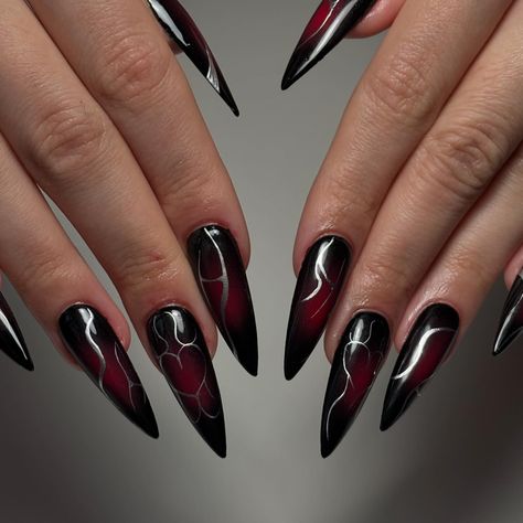 she’s deadly 💉🩸 #stilettonails #gelxinspo #gelxnailextensions #auranails #chromenails #chromenailart #silvernails #nailartist #nailinspo #longnailsdesign Red Stiletto Nails, Red Goth, Sharp Nails, Chrome Nail Art, Edgy Nails, Goth Nails, Cat Eye Nails, Silver Nails, Prom Nails