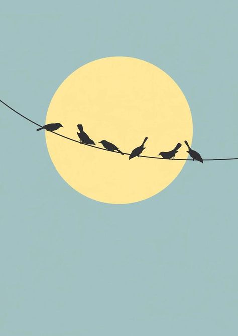 Birds on wires aesthetic illustration poster. Sun in the blue sky aesthetic illustration poster. Silhouettes of the birds sitting on a wire. Minimalistic style wall decor. Birds On Wire Silhouette, Sky Aesthetic Illustration, Sun Drawing Aesthetic, Wires Aesthetic, Birds Flying Silhouette, Birds Sitting On A Wire, Birds Aesthetic, Blue Sky Aesthetic, Bird Silhouette Art