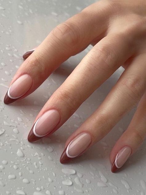 Brown and white double French tip nails Classy Acrylic, Unghie Sfumate, Kutek Disney, Classy Nail, Brown Nails Design, September Nails, Nails Trends, October Nails, Nagel Tips