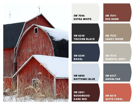 "Red Barn Inspiration" Color Palette for Exerior Home Paint Color, Stone, and landscaping. Chip It! by Sherwin-Williams – ChipCard by Christy C. Red Paint Colors, Home Paint Color, Home Paint, Farm House Colors, Red Colour Palette, Exterior Paint Colors For House, House Paint Exterior, Red Barns, Exterior Paint Colors