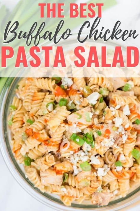 This Buffalo Chicken Pasta Salad has all the elements to make a perfect meal. Spicy chicken, cool dressing, crunchy vegetables and creamy, sharp bleu cheese. Buffalo Pasta, Chickpea Recipes Healthy, Buffalo Chicken Pasta Salad, Chicken Pasta Salad Recipes, Classic Pasta Salad, Crab Salad Recipe, Creamy Pasta Salads, Layered Salad Recipes, Buffalo Chicken Pasta