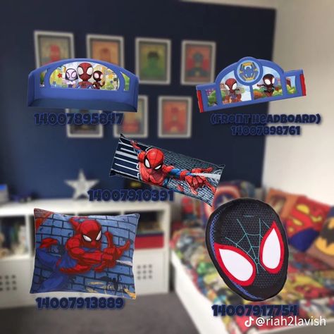 Spider Man Bloxburg Codes, Spider Man Decals Bloxburg, Bloxburg Spiderman Decal Codes, Spider Man Decal Codes Bloxburg, Spiderman Decals Bloxburg, Bloxburg Door Ideas, Wallpaper Decals Bloxburg, Bloxburg Decor, Spiderman Bedroom