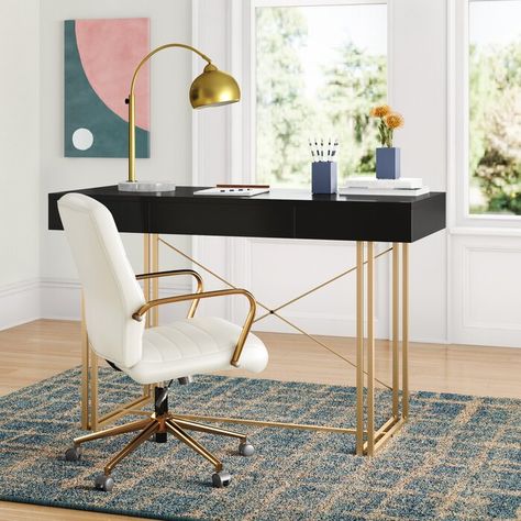 Mercury Row® Modern Black Home Office Desk | Wayfair.ca Black And Gold Office Decor, Black White And Gold Office, Black And Gold Office Ideas, Black And Gold Desk, Black And Gold Office, Desk Entryway, Office Desk Black, Black Home Office, Modern Study