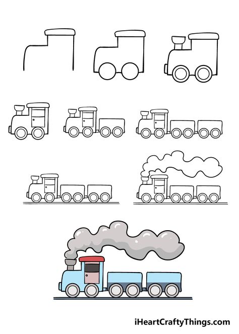 How to Draw A Train – A Step by Step Guide Easy Train Drawing Step By Step, Draw Train Easy, How To Draw Thomas The Train, Train Doodle Easy, How To Draw A Train Step By Step, How To Draw Train, How To Draw Places, Train Drawing Kids, Cute Train Drawing