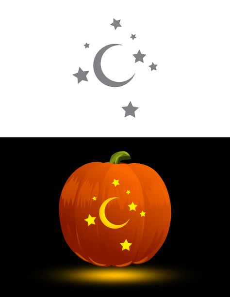 Celestial Pumpkin Carving, Moon And Stars Pumpkin Carving, Moon Pumpkin Carving, Halloween Camping Decorations, Free Pumpkin Stencils, Pumpkins Carving, Camping Decorations, Moon Pumpkin, Printable Pumpkin Stencils