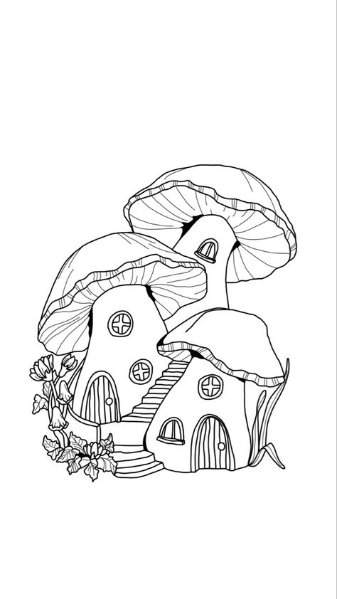 Fairy House Doodle, Gnome Village Drawing, Easy Whimsical Drawings, Fantasy Doodles Simple, Mushroom Houses Drawings, Whimsical House Drawing, Fairy Garden Drawing Simple, Mushroom House Doodle, Fairytale Cottage Drawing