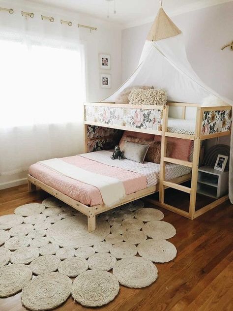 Montessori Sister Bedroom, Kura Bed With Full Bed Under, Shared Girls Room, Ikea Kura Bed, Kids Shared Bedroom, Shared Kids Room, Kura Bed, Ikea Kura, Kids Bedroom Inspiration