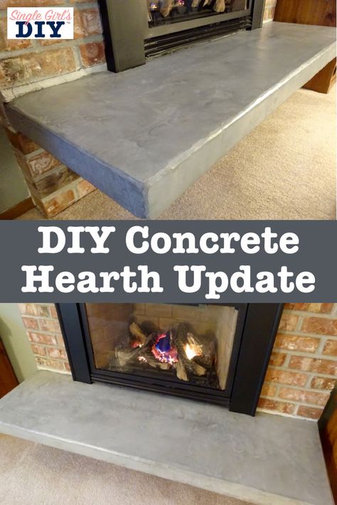 My fireplace hearth was an eyesore. But see the amazing transformation with these quick and easy hearth update ideas. No demolition required! Copy this DIY fixer-upper method for your own living room. Redo Fireplace Hearth, Tile Hearth Ideas, Stained Concrete Fireplace Hearth, Diy Concrete Look Fireplace, Hearth Or No Hearth, Update Fireplace Hearth, Hearth Redo Ideas, Fireplace Hearth Ideas Stone, Cement Hearth Fireplace