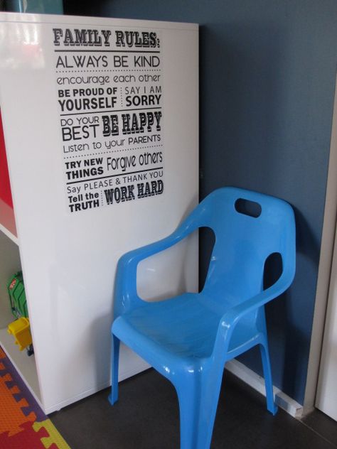 Timeout corner, complete with naughty chair and family rules wall decal. Timeout Corner Ideas, A Change May Be Just Around The Corner, Chill Out Corner, Time Out Chair Sayings, Timeout Corner, Time Out Chair, Childrens Rooms, Love Poems For Him, Calm Down Corner