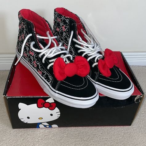 Hello Kitty x Vans Collaboration Sk8 High Tops Rare Limited Edition Hello Kitty Custom, Vans Limited Edition, Hello Kitty Vans, Closet Shoes, Red Bow, Vans Shoes, Limited Editions, Vans Sneaker, White Lace