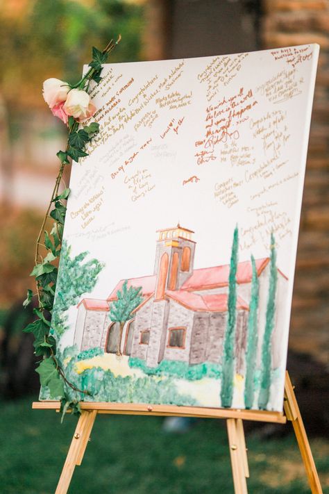 Tuscany Inspired Wedding at Lorimar Winery | Canvas Guest Book Idea | Wedding Guest Book | Guest Book Wedding | Alternative Guest Book Idea | Wedding Venue Drawing | Wedding Venue Painting | Guest Book Ideas | Fine Art Wedding Inspiration | Vineyard Wedding Ideas Painting Guest Book, Tuscany Inspired Wedding, Watercolor Wedding Theme, Canvas Guest Book Wedding, Guest Book Canvas, Al Fresco Wedding, Tuscan Inspired Wedding, Wedding Artwork, Wedding Canvas