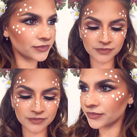 Fawn/deer makeup for A Midsummer Night's Dream party by @emmakapotesbeauty #deer #deermakeup #festivalmakeup #halloween #deercostume Dear Costume Makeup, Diy Dear Costume For Women, Doe Deer Costume, Fawn Halloween Makeup, Fawn Makeup Halloween, Fawn Costume Women, Deer Fairy Costume, Womens Deer Costume Diy, Women’s Deer Costume