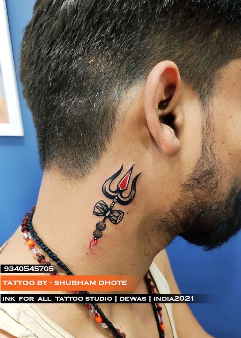 Trishul Tattoo For Neck, Mahadev Neck Tattoo, Shiv Neck Tattoo, Trishul Tattoo Designs Neck, Trishul Neck Tattoo, Shivji Trishul Tattoo, Om Neck Tattoo Men, Trishul Tattoo Designs On Hand, Om Trishul Tattoo Design