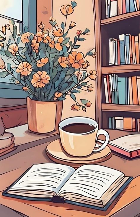 Coffee Drawing, Coffee Illustration, Books And Coffee, Book Wallpaper, Doodle Ideas, Girly Art Illustrations, Cool Wallpapers Art, Coffee And Books, Dreamy Art