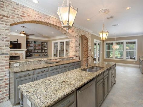 Love the brick between kitchen and living room Open Kitchen Concept, Kitchen Concept, Brick Arch, Kitchen Concepts, Fantasy Homes, The Brick, Open Kitchen, Kitchen Remodel, House Ideas