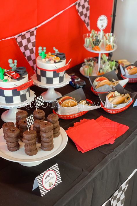 I put together easy Disney Cars birthday party food ideas. I had so much fun putting this party together and my boys loved everything about it. The food ideas were themed to the Pixar Cars movie which made it more fun. Check out my blog for free food printables and more. Cars Birthday Party Food, Disney Cars Birthday Party, Birthday Party Food Ideas, Pixar Cars Birthday, Cars (disney) Party, Cars Birthday Party, Kids' Party Food, Disney Cars Party, Party Food Themes