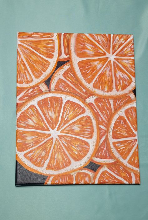 Orange Slice Painting, Orange Fruit Painting, Painting With Black Background, Black Background Painting, Orange Slice, Fruit Painting, Orange Fruit, Orange Slices, Acrylic Paintings