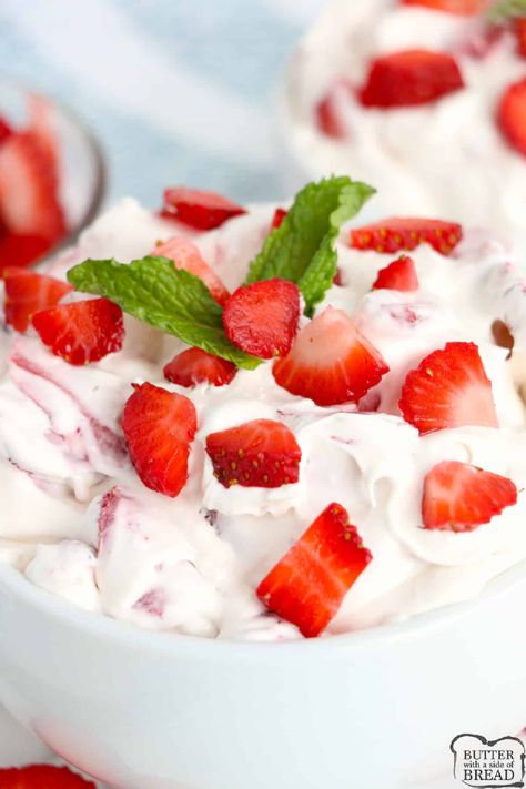 Strawberry Fluff Salad made with just 5 ingredients in less than 5 minutes! Perfectly sweet fluff recipe that can be served as a side dish or a dessert. Strawberry Fluff Salad, Cheesecake Fruit Salad, Fluff Salad Recipes, Strawberry Fluff, Cool Whip Desserts, Fluff Salad, Fluff Recipe, Fluff Desserts, Creamy Recipes