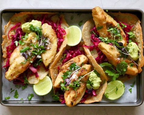 Tempura Avocado Tacos with Avocado Cream - Australian Avocados Avocado Tempura, Coconut Tortillas, Crispy Avocado, Avocado Tacos, Tacos With Avocado, Avocado Taco, Red Cabbage Slaw, Avocado Cream, Vegan Inspiration