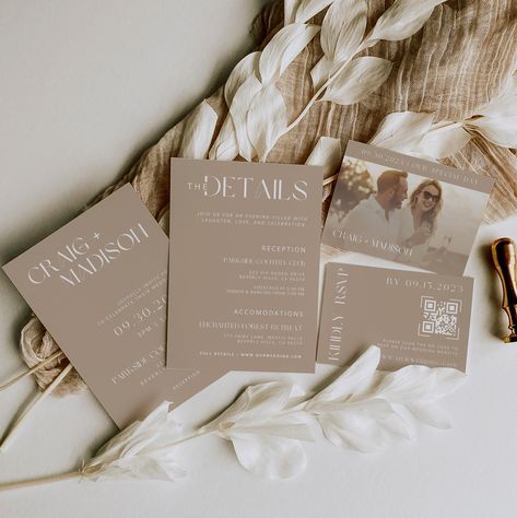 Beige And White Wedding, Boho Wedding Signs, White Invitation, Elegant Wedding Invitation, Beige Boho, Canva Pro, Canva Design, Response Cards, Modern Vibe