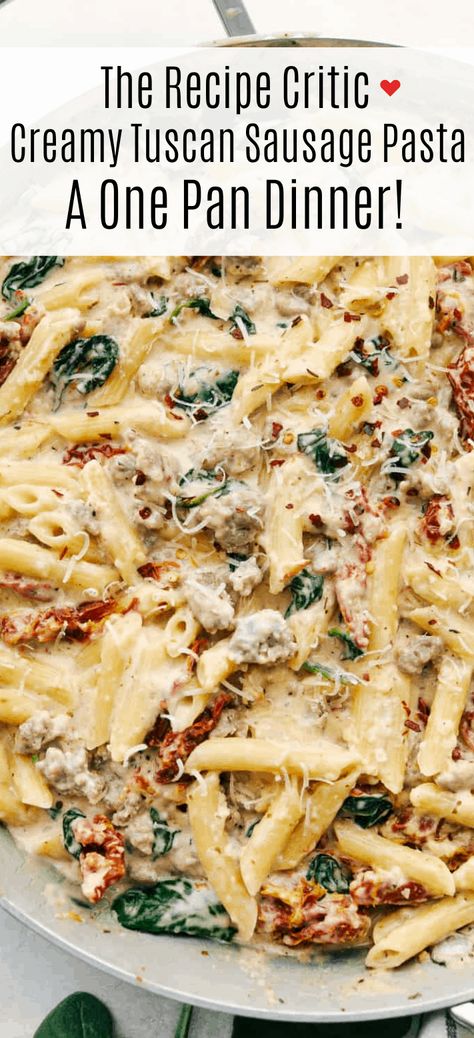 Creamy Tuscan Sausage Pasta is pretty much a one pan wonder you will want to cook over and over again!  Perfect for a busy night, this is a hearty comforting dish that will truly satisfy. Bow Tie Pasta With Sausage Spinach, Zuppa Toscana Pasta, Turkey Sausage Pasta Recipes, Dinner Date Recipes At Home, Creamy Tuscan Sausage Pasta, Tuscan Sausage Pasta, Tuscan Sausage, Creamy Sausage Pasta, Tuscan Pasta