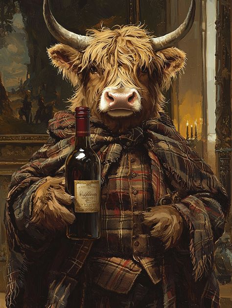 🧡🍷 Meet our stylish Highland cow! Dressed in classic tartan and ready to enjoy a bottle of unmarked red wine, this charming character fits right in at the grand Scottish stately home. 🏰✨ Whether you're planning a cozy night in or a classy gathering, let this delightful cow inspire your next soirée. Cheers to unique decor and a touch of whimsy! 🎉🐮 #HighlandCow #TartanStyle #ScottishCharm #WineOClock #InteriorInspo... Scottish Highland Cow Art, Highland Cow Decor, Scottish Decor, Farmhouse Bar, Highland Cow Art, Scottish Highland Cow, Cow Decor, Cow Art, Stately Home