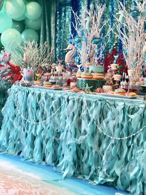 Under the Sea Dessert Table from an Under the Sea Birthday Party on Kara's Party Ideas | KarasPartyIdeas.com (16) Under The Sea Dessert Table, Sea Dessert, Sea Birthday Party Decorations, Under The Sea Decorations, Sea Party Ideas, Under The Sea Birthday Party, Ocean Birthday Party, Tropical Birthday Party, Mermaid Birthday Party Decorations