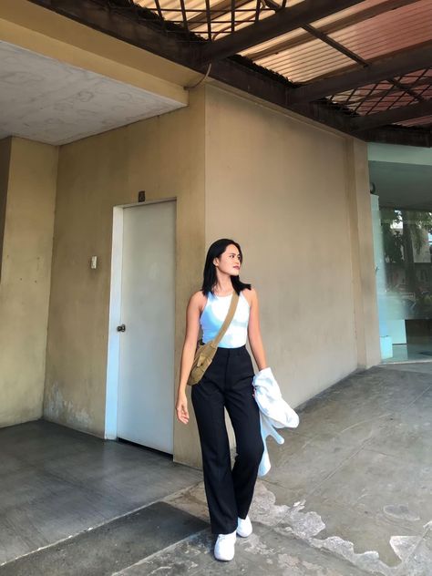 white tank top ft. black trousers Black Baggy Pants Outfit, Black Baggy Pants, Baggy Pants Outfit, Clothing Aesthetic, Black Tank Top, Baggy Pants, Baggy Pant, Black Trousers, White Crop