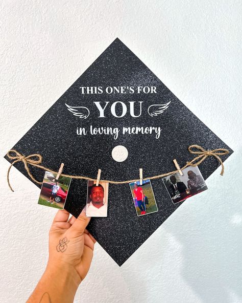 Grad Cap Design for People Who have Passed Away Graduation Cap Remembrance, Graduation Cap Designs Loved Ones, Tribute Graduation Cap, Boho Grad Cap Ideas, Memorial Grad Cap, Grad Cap For Lost Loved One, Senior Grad Caps, Graduation Caps For Lost Loved Ones, Unique Grad Cap Ideas