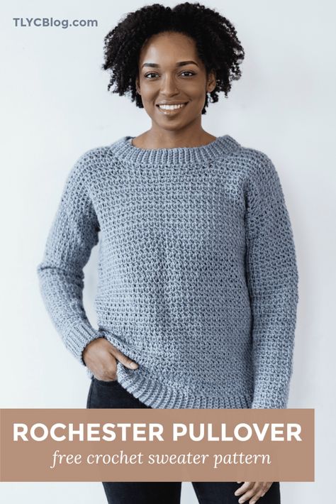 Rochester Pullover FREE Crochet Sweater Pattern - Try out this free and easy oversized crochet pullover pattern. This sweater is designed for women and includes sizes Small - 3XL (plus sizes included up to 3XL). For a modern look, crochet this oversized sweater with worsted weight yarn in the color of your choice. Get the FREE version fo this pattern on my blog now! | TLYCBlog.com #crochetsweater #crochetpattern #freecrochetpattern #crochetpullover #lionbrand #lionbrandyarn Crochet Pullover Pattern, Tl Yarn Crafts, Crochet Sweater Free, Diy Kostüm, Crochet Jumper, Crochet Sweater Pattern Free, Crochet Bolero, Garment Pattern, Crochet Girls