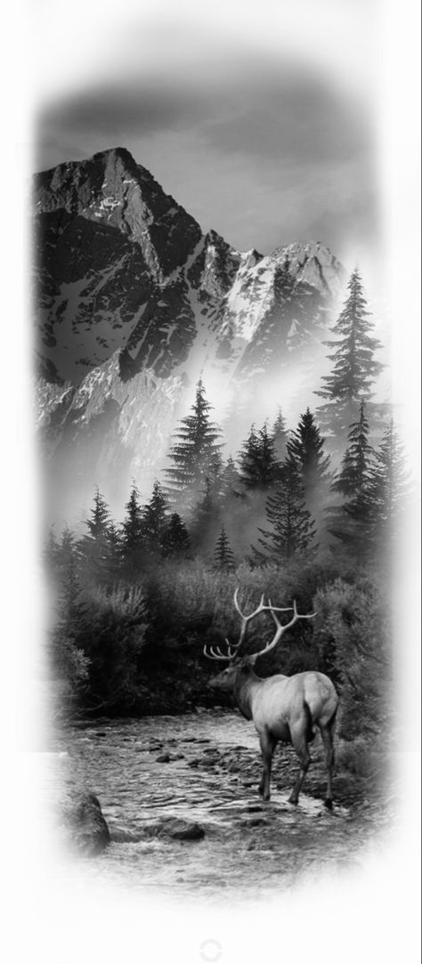 Moose Forest Tattoo, Realism Nature Tattoo Sleeve, Woods And Mountain Tattoo, Animal And Nature Tattoo, Leg Forest Tattoo, Deer Mountain Tattoo, Wildlife Tattoo Ideas, Bear Forest Tattoo, Montain Tattoo Designs