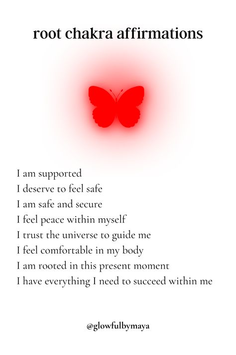 root chakra affirmations by glowfulbymaya [positivity grateful motivational happiness self love spirituality] Affirmations For The Chakras, Affirmation For Chakras, Self Love Chant, Chakra Quotes Spirituality, Affirmations For Chakras, Root Chakra Healing Affirmations, Root Affirmations, Self Affirmations Wallpaper, Crown Chakra Affirmation