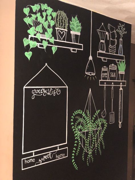 Kitchen Chalkboard Wall Art, Chalk Wall Drawings, Cool Chalkboard Art, Painting Art Wall, Kitchen Wall Murals Painted, Chalk Art Board, Chalk Board Kitchen, Chalk Art Board Ideas, Chalk Pen Art