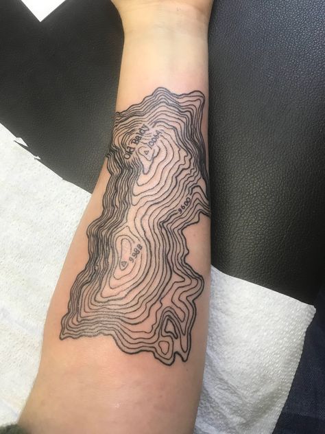 Topographic Map Tattoo, Cartography tattoo, contour lines Tattoo Sleeve Infill Ideas, Topo Lines Tattoo, Mountain Topography Tattoo, Map Back Tattoo, Detailed Line Tattoo, Crater Lake Tattoo, River Topography Tattoo, River Map Tattoo, Topography Map Tattoo