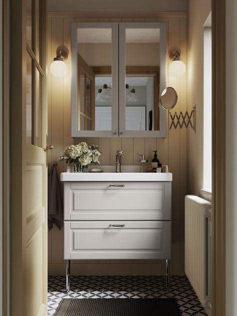 Ikea Godmorgon Bathroom, Ikea Bathroom Vanity, Ikea Godmorgon, Cottage Bath, Ikea Mirror, Bathroom Planner, Sink Vanity Unit, Linen Cabinets, Ikea Bathroom