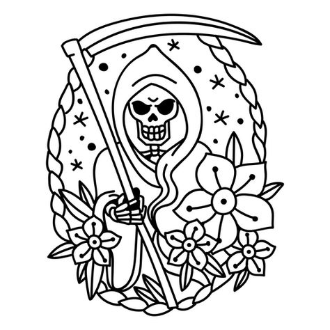 Simple Traditional Tattoo Outline, Practice Tattoos, People Tattoos, Grim Reaper Drawing, Traditional Tattoo Outline, Bisexual Wallpaper, Goth Tattoos, Ad Tattoo, Reaper Drawing