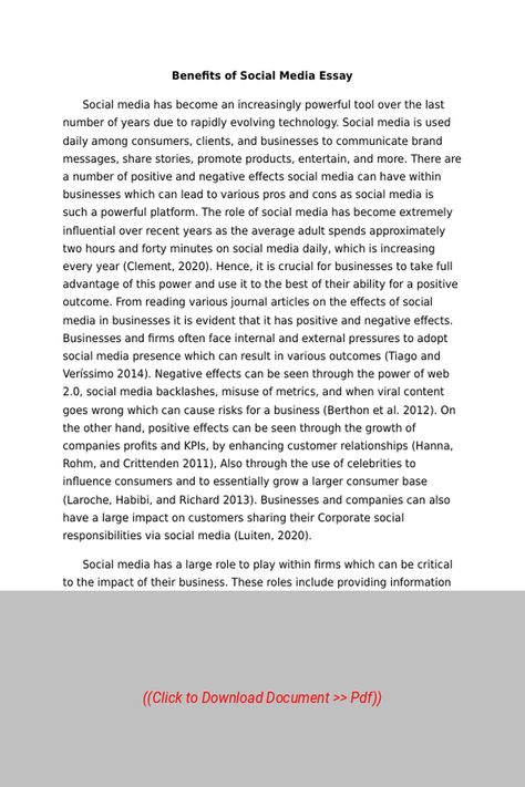 Sample Essay on Benefits of Social Media Essay,
Subject: Sociology, Essay Type: None, Word Count: 1800 | Visit our site to get full access to the essay document, or to Order a similar essay, plagiarism-free. Follow the link above. Social Media Essay, Informative Speech, Benefits Of Social Media, Informative Essay, Writing Guide, About Social Media, Word Count, Sample Essay, Guided Writing