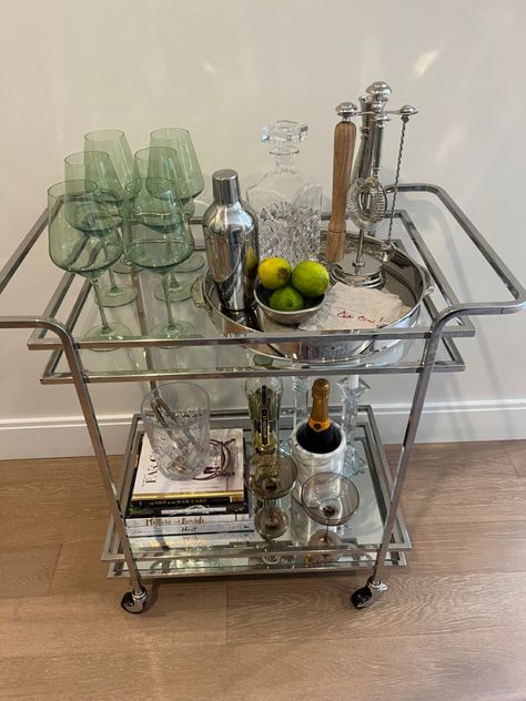 Pottery barn bar cart Cheetah Print Salon Ideas, Bar Cart Themes, Coffee Bar Cart Aesthetic, Acrylic Bar Cart Styling, Aesthetic Bar Cart Styling, Vintage Bar Cart Aesthetic, Bar Cart Home, Bar Cart Colorful, Decorated Bar Cart