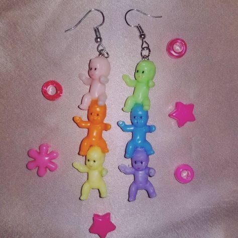 Rainbow Baby Long :) Light and colorful Hooks are silver unless you specify otherwise in the notes! Silly Earrings, Collateral Beauty, Weird Jewelry, Plastic Babies, Saint Peter, Baby Earrings, Long Light, Funky Earrings, Baby Milk