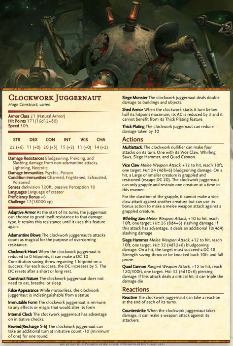 Dnd Mechanical Creatures, Dnd Construct Monster, Construct Dnd, Dnd Mech, Dnd Clockwork, Clockwork Dnd, Dnd Construct, Mechanical Monster, Homebrew Monsters